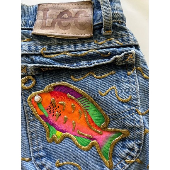 Lee Jeans Up Cycled Boho Purse Pearl Studs Gold Trim Fish Pockets Catch Closure - Picture 10 of 13
